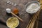 Flour inside sieve placed over wheat stem