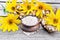 Flour of Jerusalem artichoke in bowl on burlap