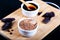 Flour and molasses from the carob pods on a wooden background