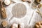 Flour powder and bakery on wooden table