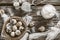 Flour and quail eggs. Ingredients for cooking. Wooden table. To