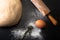 Flour, rolling pin, egg, rosemarin and dough for pie
