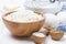 Flour, salt, sugar and eggs for baking pancakes, close-up