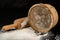 Flour sieved for homemade pastries. Accessories in home kitchen on a dark table