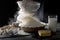 Flour sifting process in front of dark background. Glass of milk, eggs, cheese on wooden table.