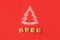 Flour Silhouette Christmas Tree with cookies digits 2019 on red background. Delicious bakery sweet confectionery Christmas card