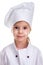 Floured face. Portrait of a cute girl chef white uniform isolated on white background