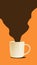 Flow of coffee from coffee cup on orange background. Concept of drink, taste, art, colorful design. Vertical poster