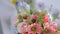 Flower arrangement bouquet standing in vase on table inside room.