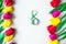 Flower arrangement. Multicolored fresh tulips with the number 8 in the middle on white background. Greeting card