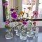 Flower arrangement, some colorful zinia in small glass vases