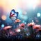 Flower background adorned with butterfly and mesmerizing bokeh lights