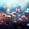 Flower background adorned with butterfly and mesmerizing bokeh lights