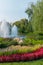 The flower bed is planted with bright red begonias on the shore of the lake with fountains. The recreation area