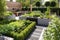 flower beds and vegetable patches in a modern backyard, with sleek furniture and accessories