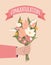 Flower bouquet banner. Rose bunch for gift, beautiful floral romantic card design. Congratulation text on pink satin