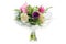 Flower bouquet in cellophane with a wooden heart shape, text mot