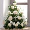 A flower bouquet of cream roses and chrysanthemums on the windows in the church as a decoration of the holiday. Professional flori