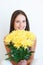 Flower bouquet, face portrait and happy woman with floral studio product, sustainable gift or yellow present. Nature