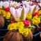 Flower and coconut offerings on the street market near Sri Chamundeshwari Temple, Mysore