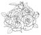 Flower composition, a bouquet. Large rosebuds. Illustration sketch in black and white style.