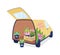 Flower delivery auto with opened trunk flat color vector object