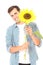 Flower delivery. Man with bouquet of sunflower isolated on white. Copy space. Mock up.