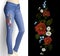 Flower embroidery on woman blue jeans 3d mockup. Fashion outfit detail rose poppy flower print patch vector illustration