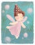 Flower fairy greeting card on green backdrop. Little pink princess magic pastel poster. Children fairytale print cover