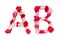 Flower font alphabet A B set collection A-Z, made from real Carnation flowers pink, red with paper cut shape of capital letter