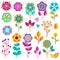 Flower icons. Cute spring garden flowers and nature elements for greeting cards, stickers, labels and tag, pretty