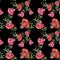 Flower with leaves on a black background. Seamless pattern. Drawing with crayons and ink.