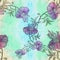 Flower with leaves on a watercolor background. Seamless pattern. Drawing with crayons and ink.