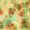 Flower with leaves on a watercolor background. Seamless pattern. Drawing with crayons and ink.