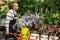 Flower market. Seller delivers potted flowers on pushcart