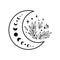 Flower moon logo. Moon phase flowers. Black moon icon. Celestial crescent isolated element. Beauty symbol