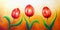 Flower motive, three dancing red tulip flowers, beautiful bright colorful painting on ocre background.