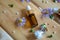 flower oil in glass bottles.homeopathy.selective focus