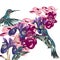 Flower pattern with hummingbirds, orchids and irises