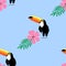 Flower pink toucan pattern, cartoon style