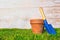 Flower pot empty with blue shovel in fresh green grass with wooden background texture, Garden,spring,hobby,potting concept copy