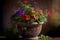 A flower pot filled with a mix of annuals and perennials, with trailing vines and bright blooms, generative ai