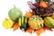 flower pot of heather with mini pumpkins on isolated white background. Halloween.