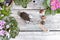 flower pot and a shovel full of soil on a table