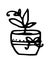 A flower pot with a twig with sharp leaves and a curl at the end. hand drawn homemade climbing plant in a container with a pattern