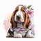Flower Power: Adorable Basset Hound in Pajamas Basking in a Garden of Colorful Blooms AI Generated