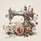 Flower Power Meets Nostalgia: Vintage Sewing Machine and Watercolor Art AI Generated