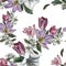 Flower seamless pattern with watercolor tulips and jasmine