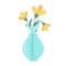 Flower set in vase . Glass vases with blue water. Cute colorful icon collection. Yellow daisy flowers. Green leaves. Ceramic