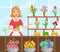 Flower Shop, Cheerful Young Woman Florist in Apron Making Bouquet of Flowers Flat Vector Illustration